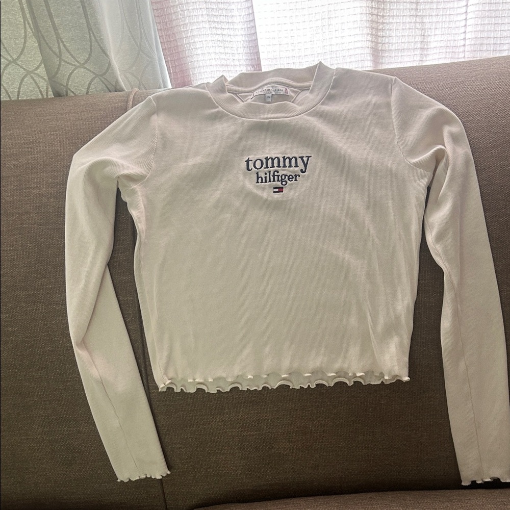 Tommy Hilfiger Cream Long-Sleeve Logo Crop Tee